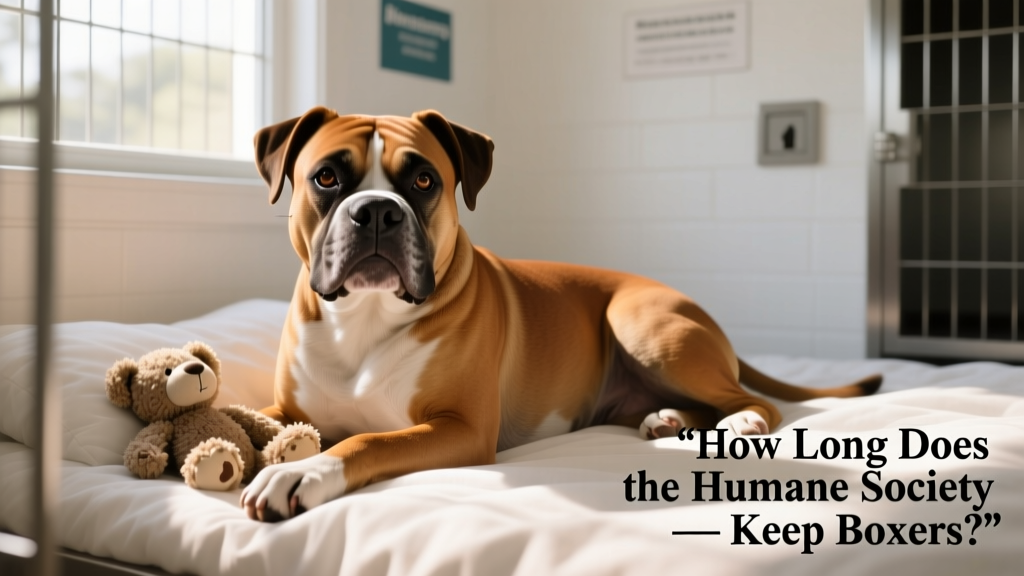 A calm, friendly boxer resting comfortably in a clean shelter kennel with soft bedding and a toy nearby