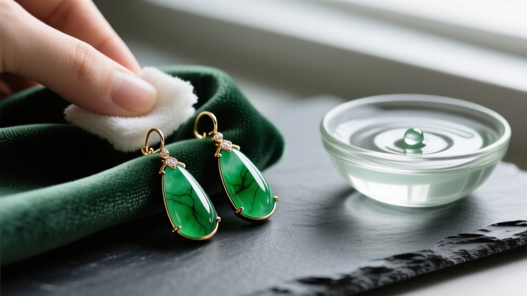 Microfiber cloth wiping imperial green jadeite drop earrings on dark slate, next to a small glass bowl of mild soapy water.