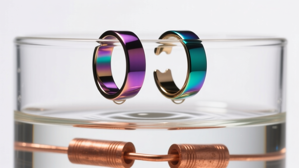 Vibrant anodized niobium ear cuffs in gradients of purple and teal, submerged in an electrolyte bath with copper cathodes visible.