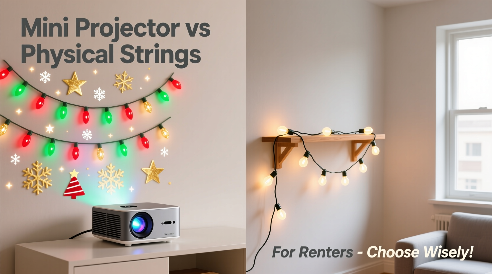mini projector christmas lights vs physical strings for renters