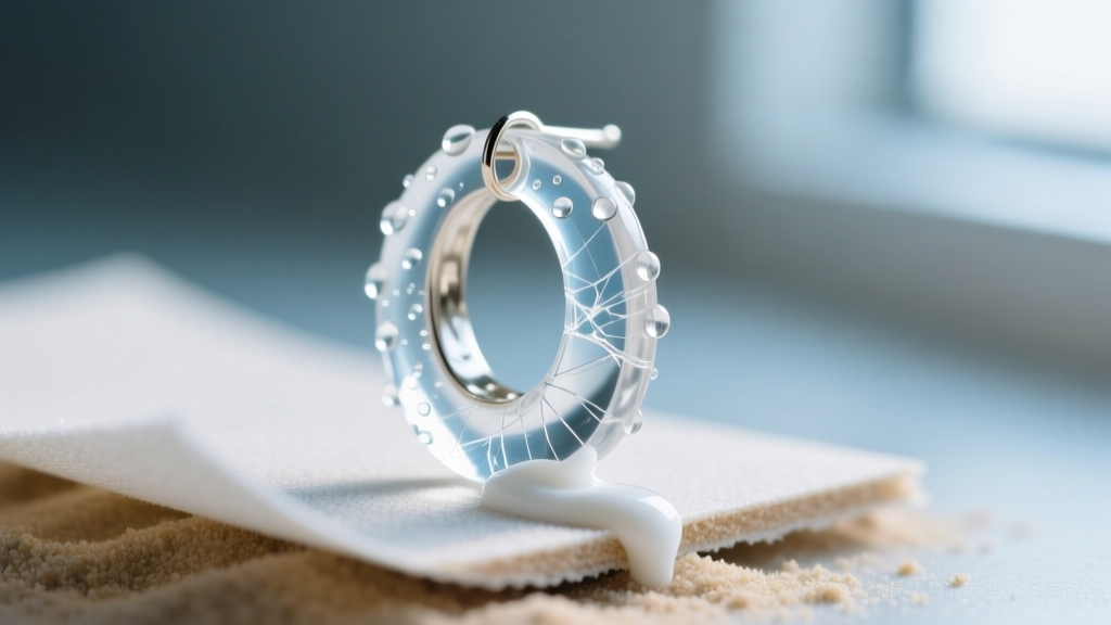 Macro shot of wet sanding a scratched clear resin earring with fine sandpaper, showing water droplets and white polishing paste.