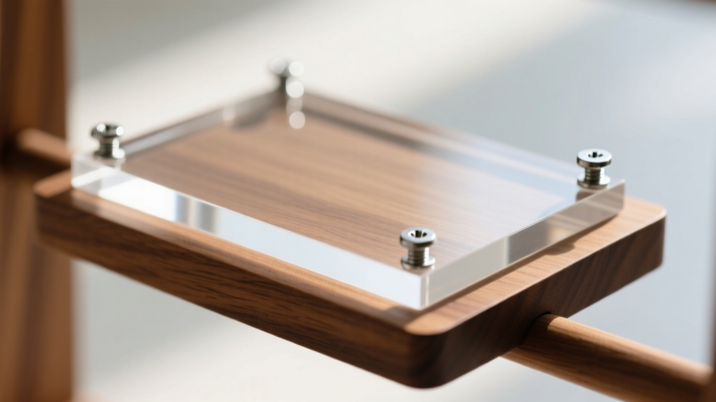 Clear acrylic base plate attached to a wooden jewelry display rack, secured with four silver machine screws, macro view