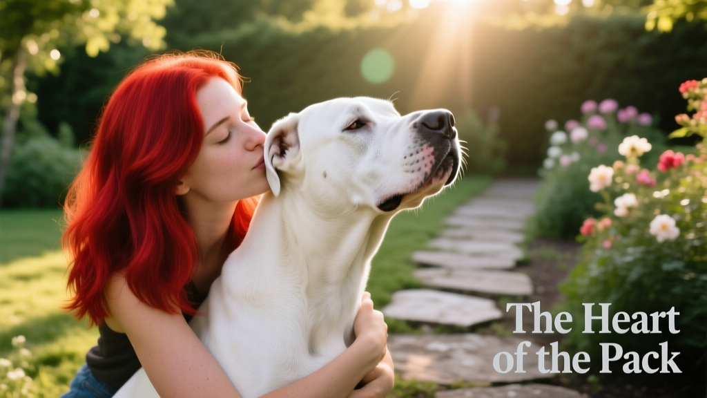woman with dyed red hair hugging and kissing her dogo argentino on the head