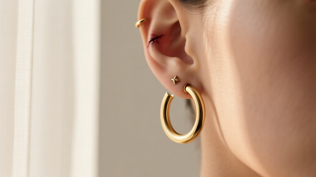 Profile view of a healed ear piercing featuring a minimalist gold huggie hoop illuminated by soft natural morning window light.