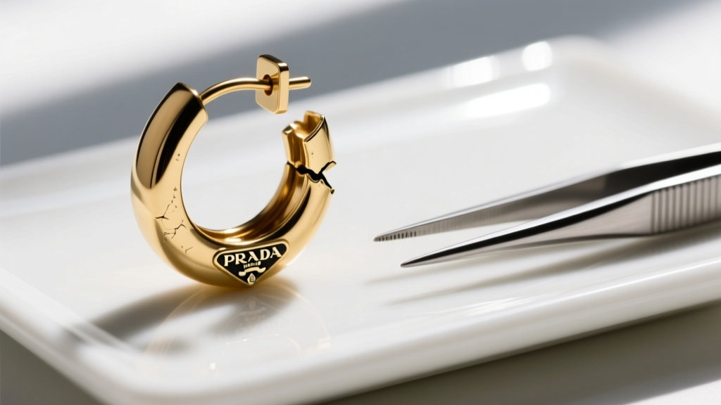 Side view of a gold-tone Prada hoop earring with a broken hinge clasp on a white ceramic mat next to a pair of precision tweezers.