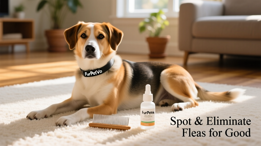 Dog wearing a FurPetVo flea collar while resting on clean, vacuumed carpet beside a flea comb and bottle of FurPetVo topical treatment