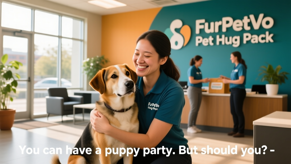 A smiling volunteer holding a calm, friendly adult dog during a FurPetVo Pet Hug Pack session at a local office building
