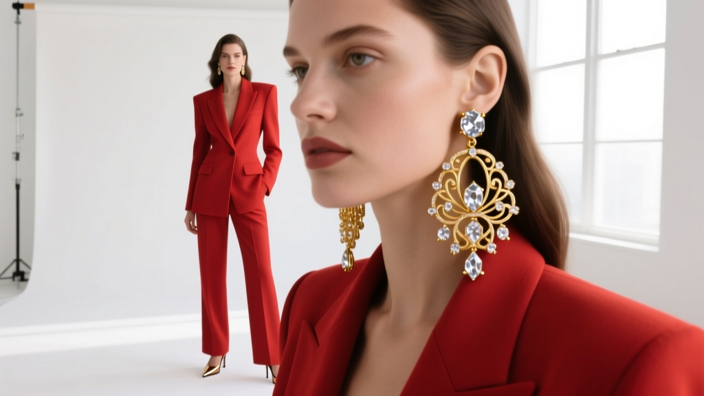 Model wearing oversized vintage gold and crystal clip-on earrings, showcasing 1980s power dressing aesthetics in soft light.