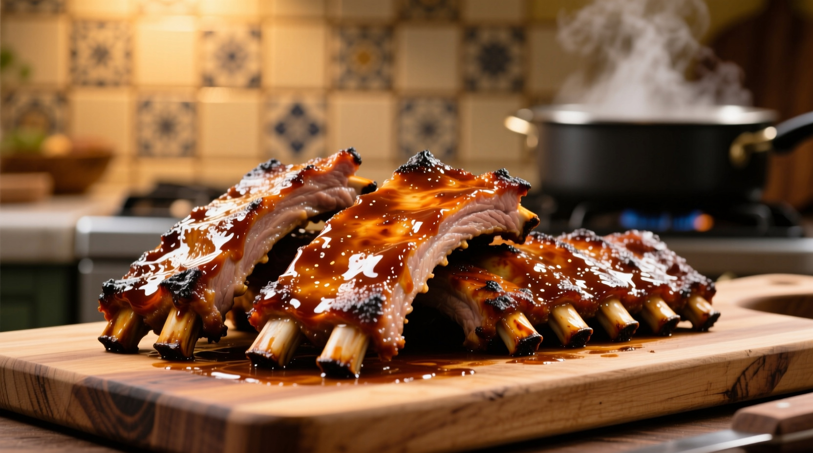 Perfectly cooked oven-baked pork ribs with glossy barbecue sauce
