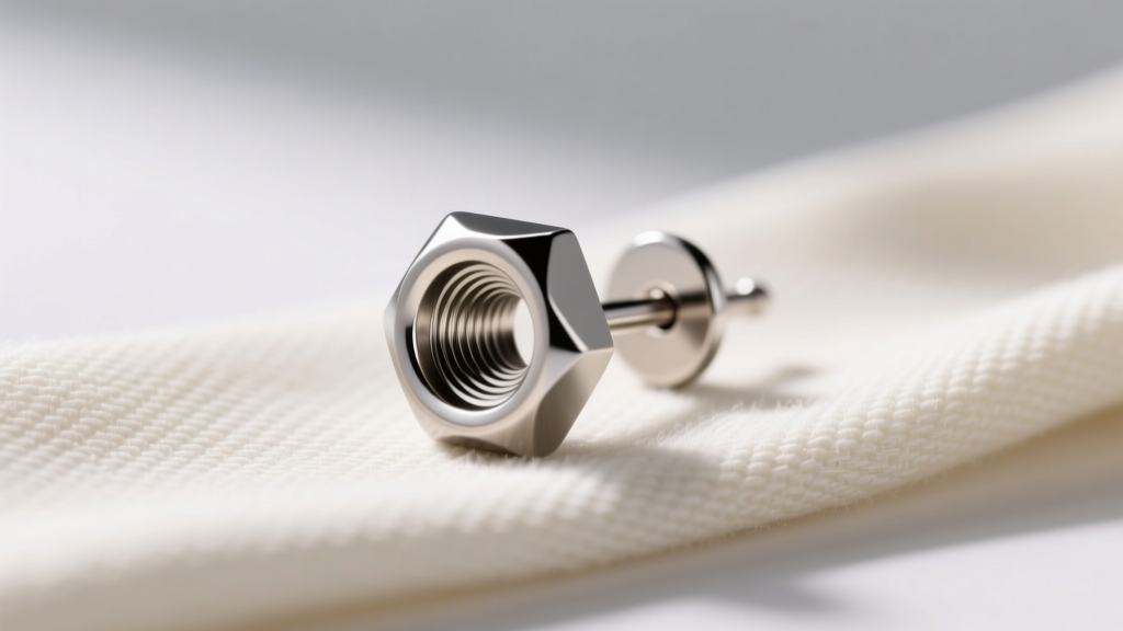 Close-up of a 20-gauge internally threaded titanium stud earring resting on a microfiber cloth under bright studio lighting.