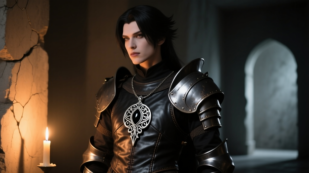 Cosplayer wearing a silver and black enamel Shar amulet replica over dark leather armor, illuminated by moody candlelight.