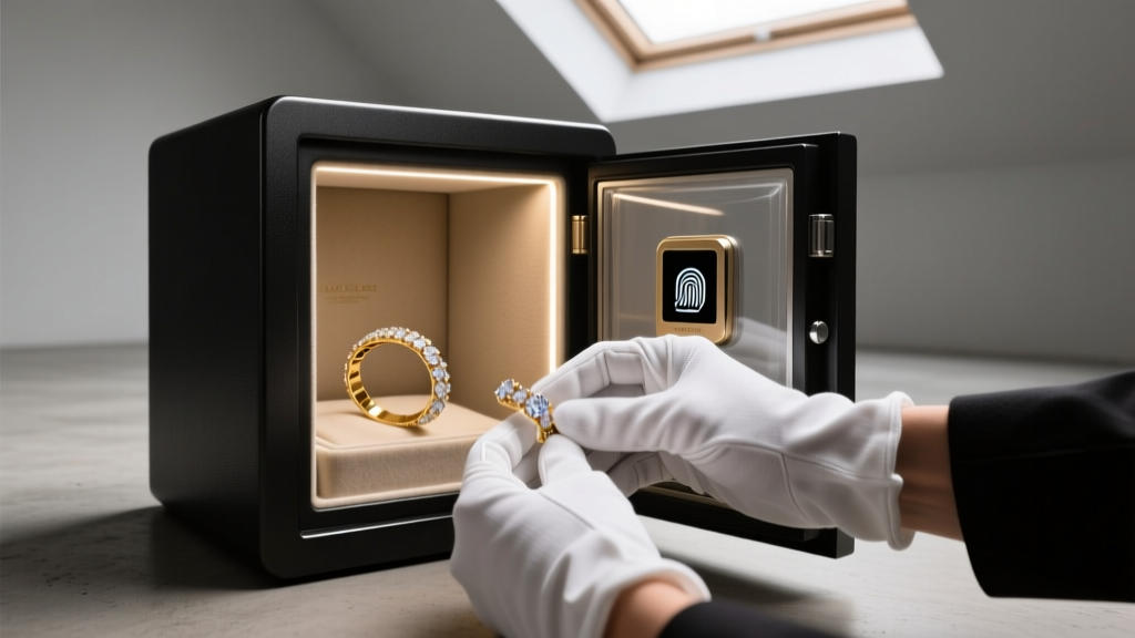 Jeweler in white cotton gloves placing a diamond-encrusted gold bracelet into a climate-controlled, biometric luxury jewelry safe.