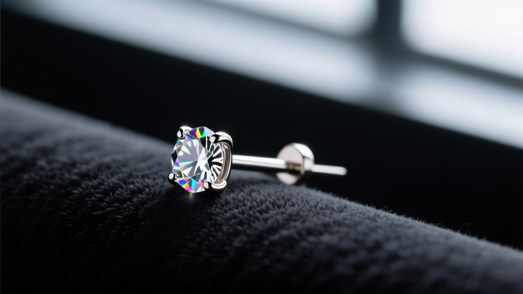 Macro photography of an 18-gauge titanium linear threader earring with a small cubic zirconia tip, resting on dark velvet surface.