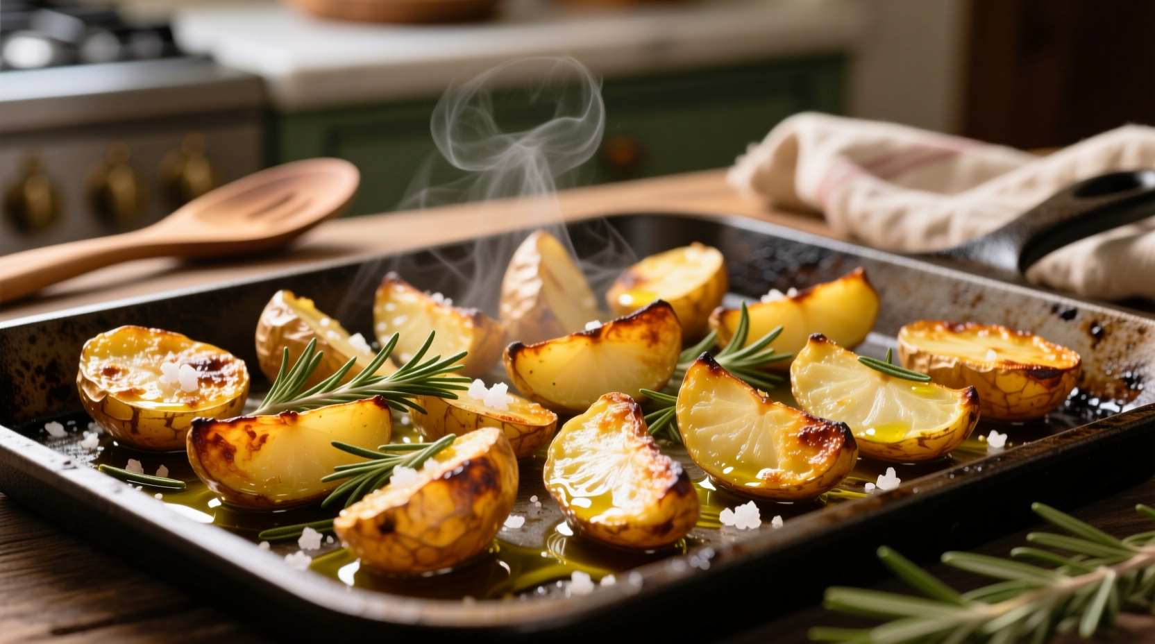 Golden roasted potatoes with crispy edges on baking sheet