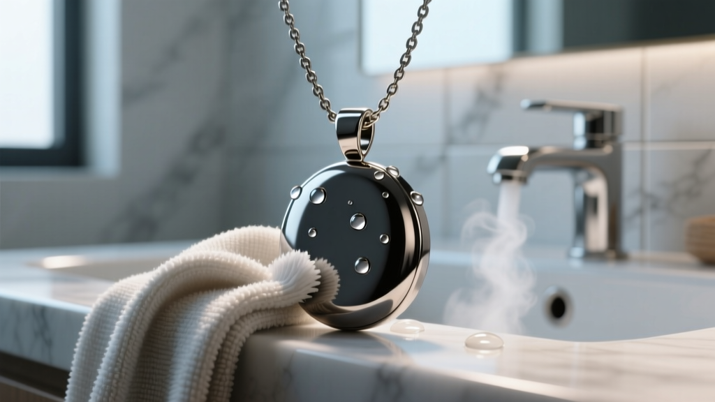 Soft microfiber cloth polishing a dark gunmetal titanium pendant, with soapy water visible in a softly blurred background.