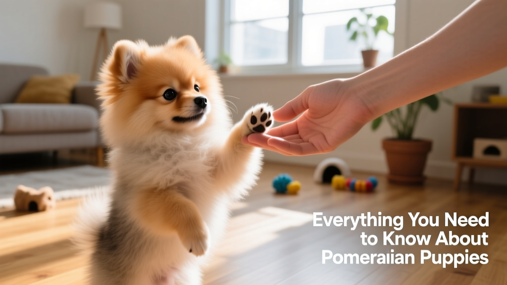 A Pomeranian puppy performing a 'paw' trick with a gentle human hand guiding its front leg