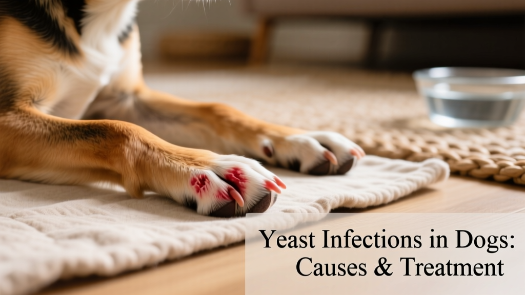 Dog’s paw showing redness and swelling between toes, typical of interdigital yeast infection