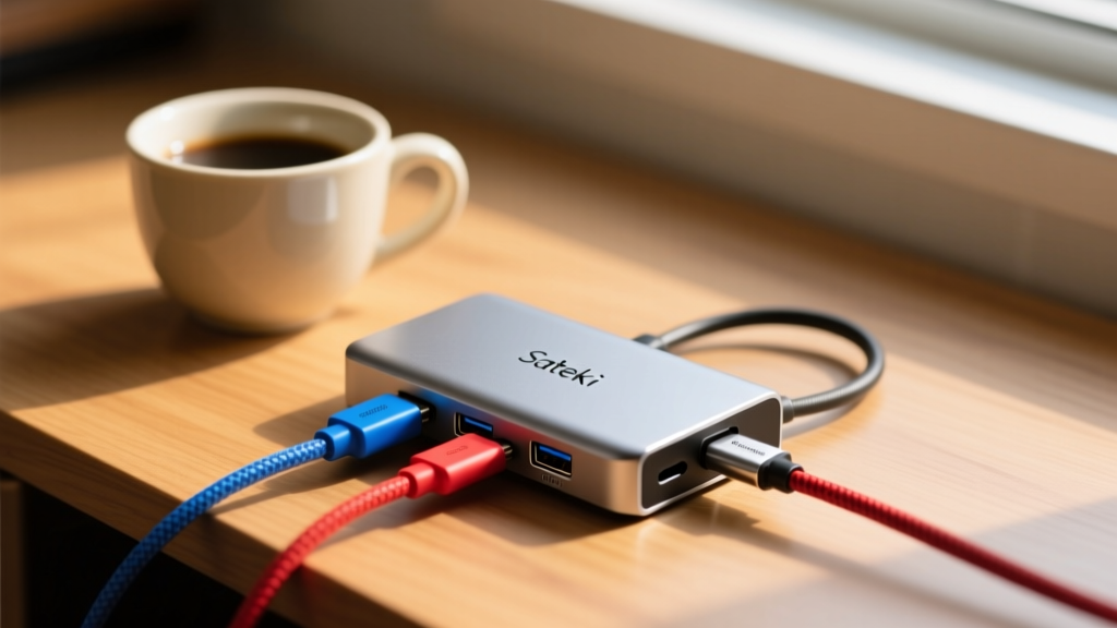 Close-up of Satechi Thunderbolt 4 dock next to ceramic coffee cup for scale, showing connected magnetic breakaway cables on wooden desk