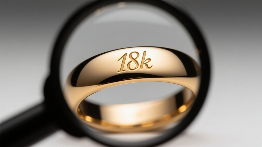 Close-up of a jeweler's loupe inspecting a stamped 18k gold hallmark inside a polished ring band under bright LED lighting.