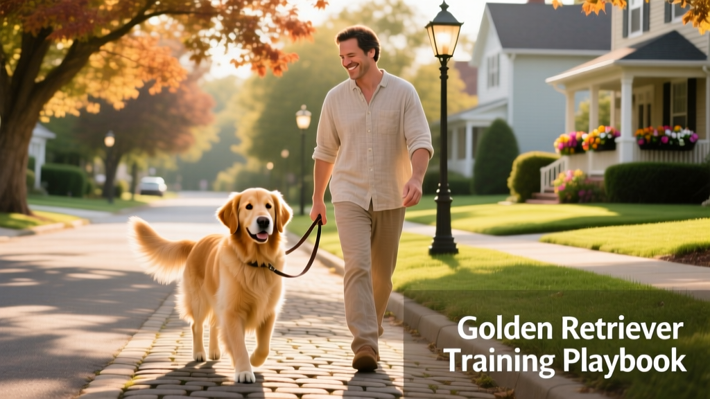 An adolescent Golden Retriever walking calmly beside its owner on a quiet neighborhood street, leash loose, ears up and tail gently wagging