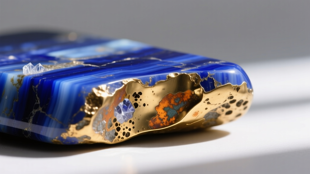 Close-up of a porous lapis lazuli stone edge where gold plating has worn off, revealing tarnished brass underneath the setting