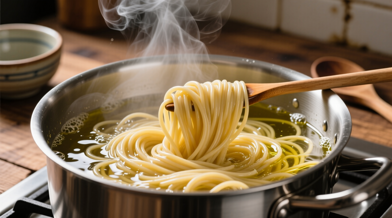 Perfectly cooked spaghetti strands in steaming pot with boiling water