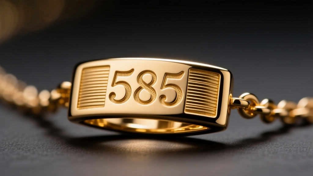 Macro photo of a 585 hallmark on a gold necklace clasp, lit by an LED inspection light against a softly blurred dark backdrop.