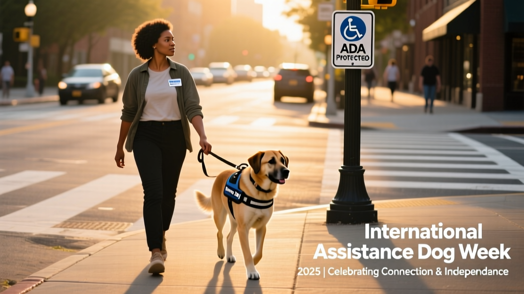 A handler and their mobility assistance dog walking confidently across a crosswalk, with 'ADA Protected' signage visible nearby