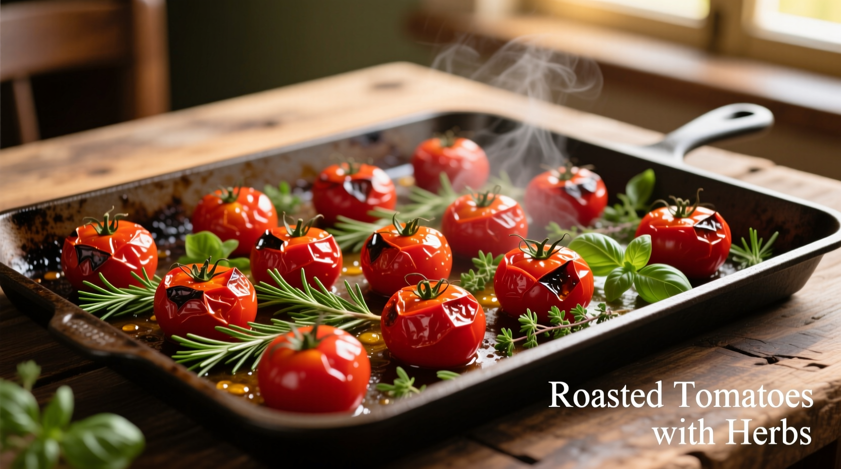 Roasted tomatoes on baking sheet with herbs
