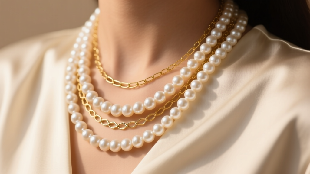 Close-up of a multi-strand pearl necklace layered with a delicate gold chain over a cream silk blouse in warm studio lighting.