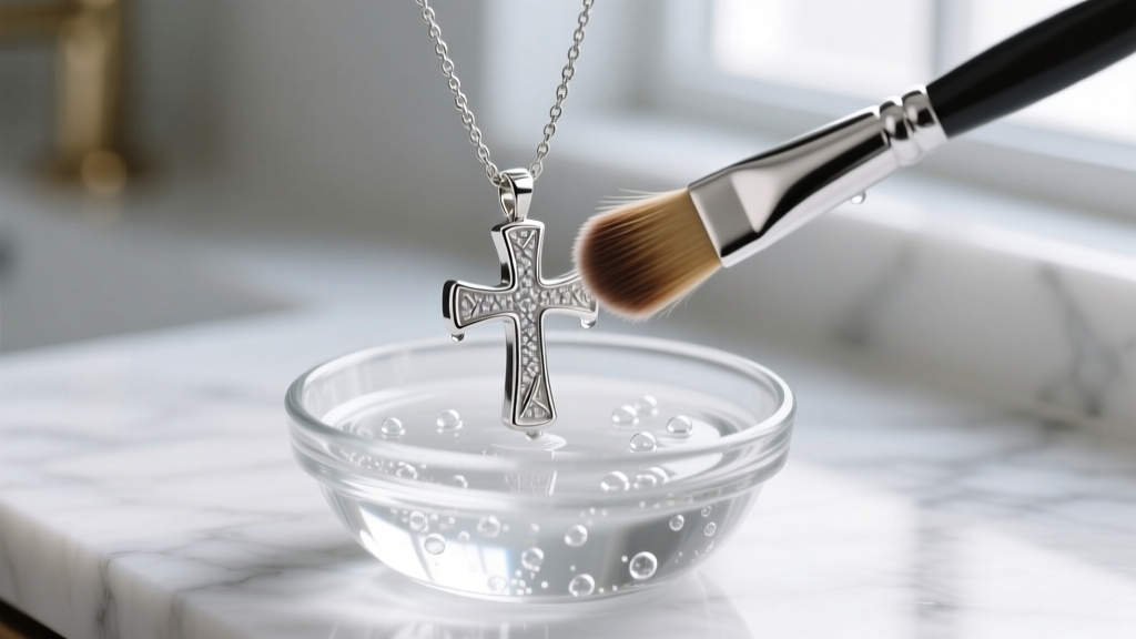 Macro shot of a soft brush gently cleaning a silver trendy cross necklace in a small glass bowl of mild soapy water solution.