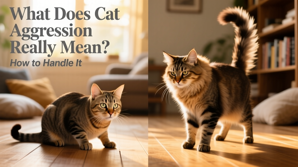 Side-by-side comparison: one cat crouched low and flattened (defensive), another standing tall with puffed fur (aggressive)