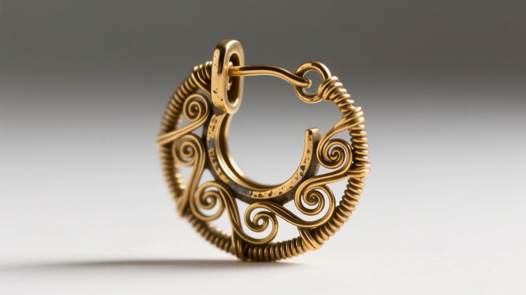 Macro shot of a vintage Haskell earring reverse side, highlighting hand-wired brass filigree and a secure paddle-back clip hinge