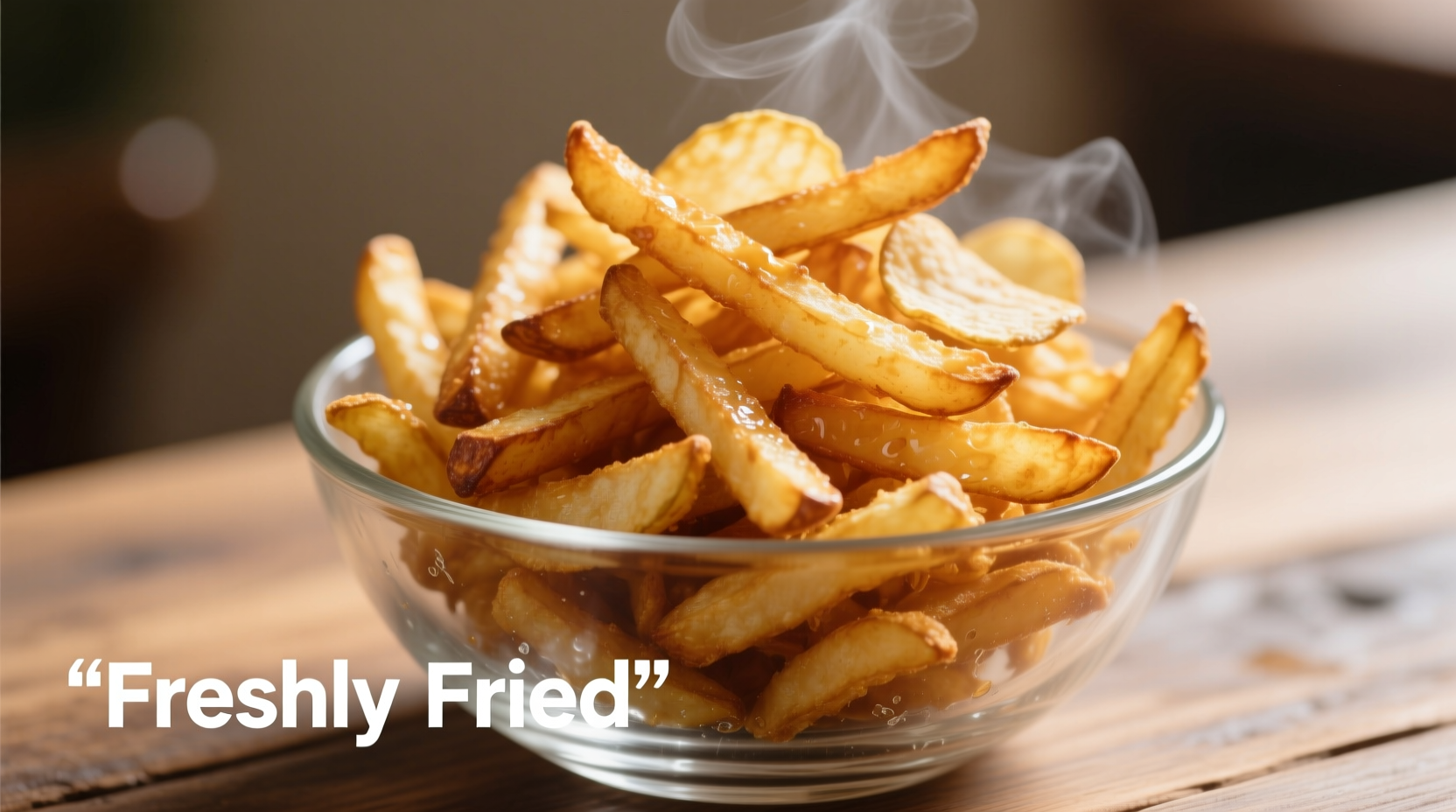 Freshly fried shoestring potato chips in a glass bowl