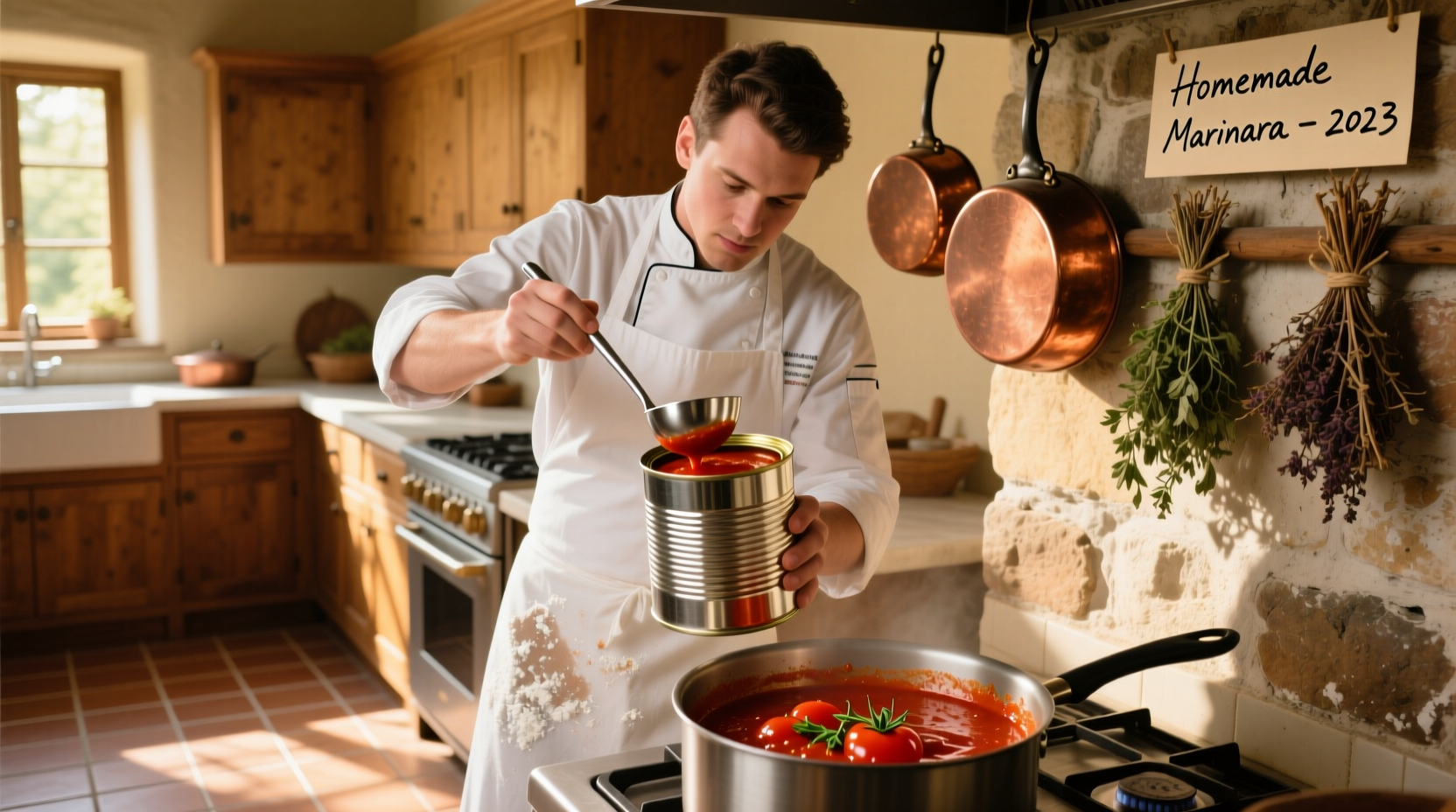Chef measuring tomato sauce from large can