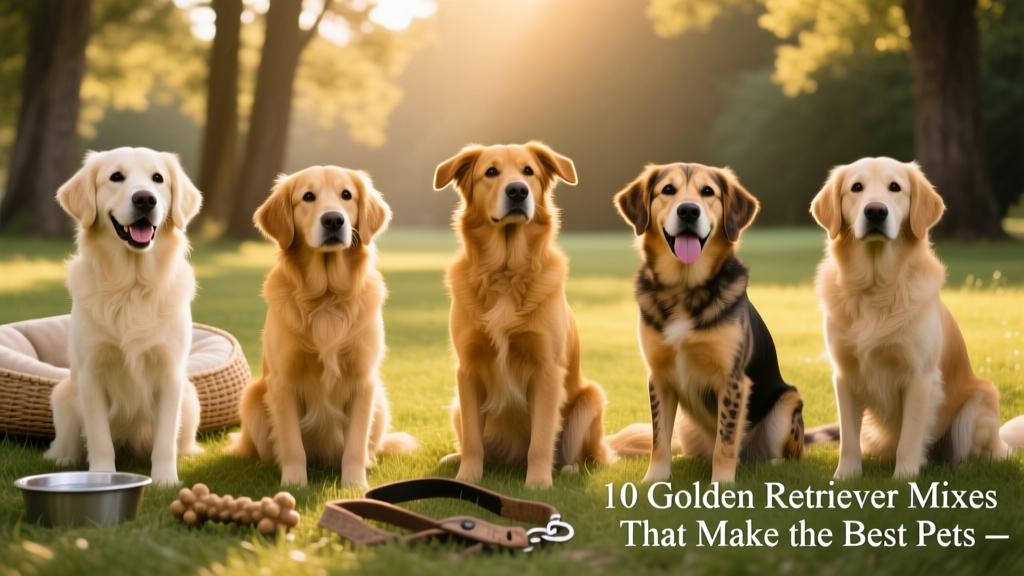 Side-by-side photos of five popular Golden Retriever mixes showing varied coat colors and expressions