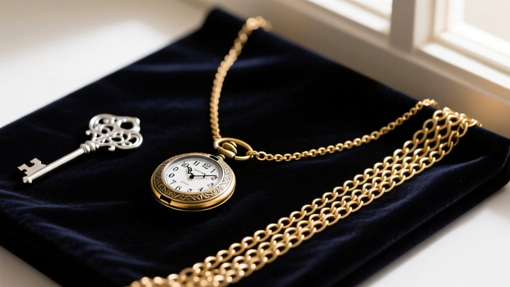 Flatlay of an alice and wonderland necklace set with a brass pocket watch, silver skeleton key, and rolo chains on dark velvet