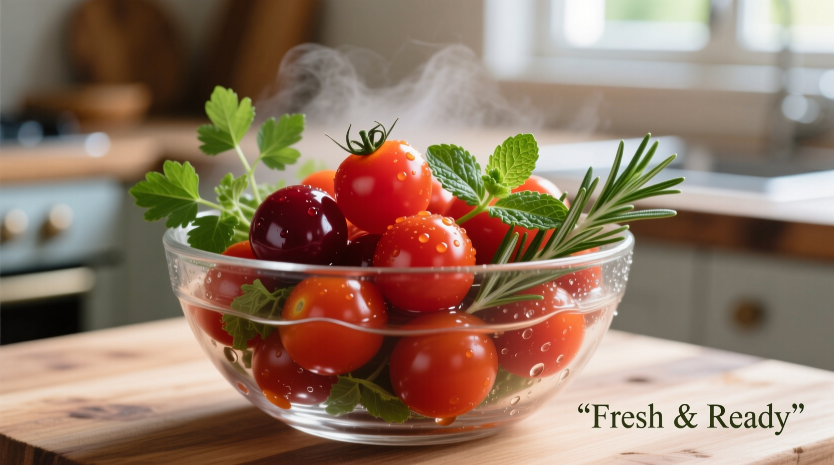Canned cherry tomatoes in glass bowl with fresh herbs