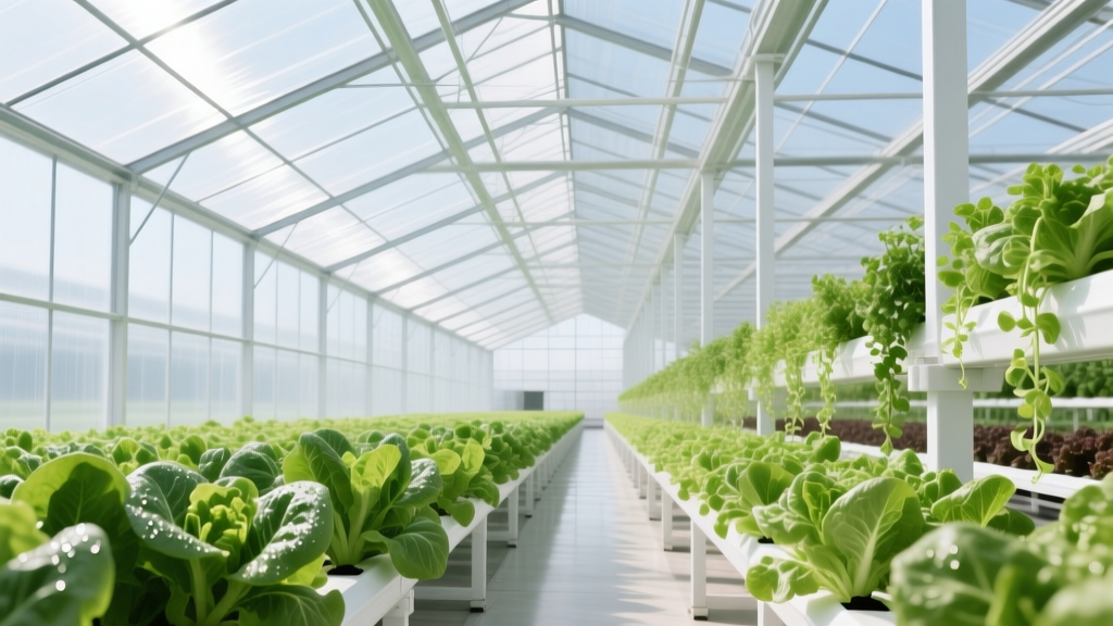 Interior of a commercial greenhouse featuring ETFE glazing and pultruded fiberglass framing over hydroponic crop rows.