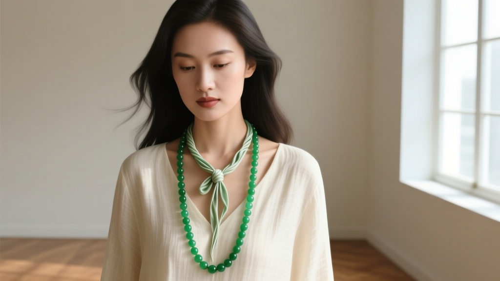 Woman wearing an 18-inch jade bead necklace with knotted silk cord, styled with a cream linen top in soft natural window light.