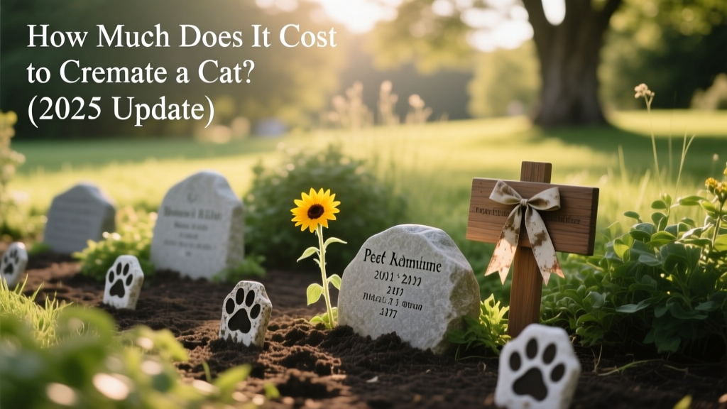 A gentle, softly lit photo of a serene outdoor pet memorial garden with engraved stones and small paw-print markers