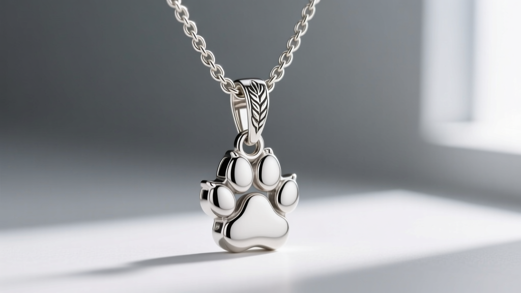 Close-up of a 1.5mm wheat chain threading through a heavy sterling silver pawprint pendant bail, featuring a secure lobster clasp