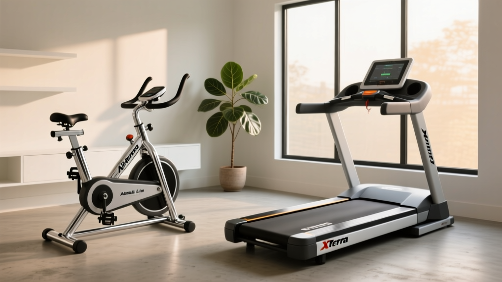 Side-by-side comparison of the Assault Fitness AirBike Elite and Xterra Fitness TRM7.0 Treadmill in a modern home gym setting