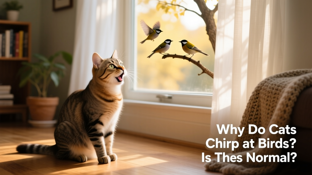 A curious indoor cat chirping while watching birds through a sunlit window