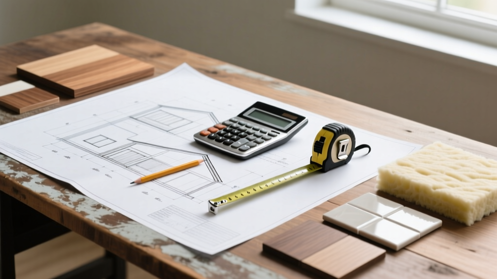 Architectural blueprints on a wooden desk next to a calculator, tape measure, and material samples for estimating house construction costs