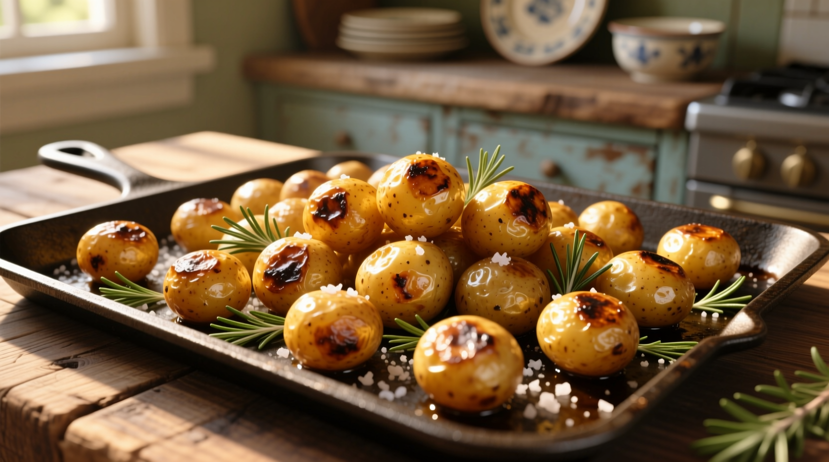 Golden roasted mini potatoes on baking sheet