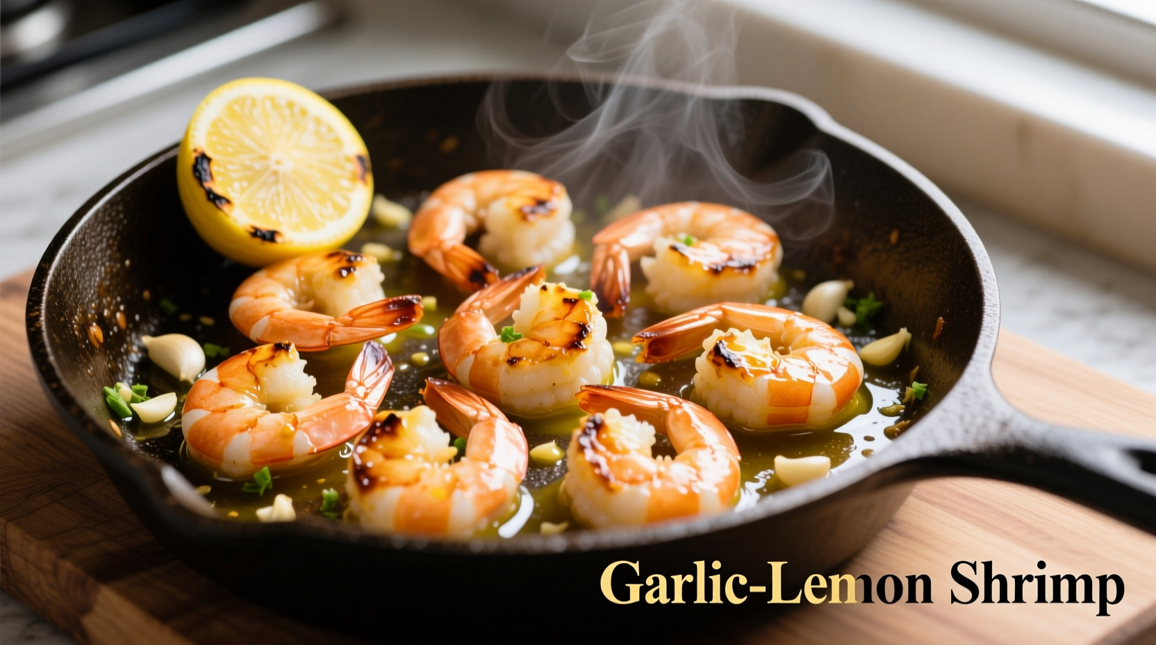 Perfectly cooked frozen shrimp in a skillet with garlic and lemon