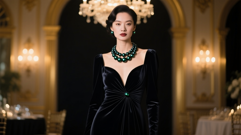 Woman in dark gown wearing a 36-inch Tahitian black pearl opera necklace tied in a front knot against a dimly lit gala backdrop