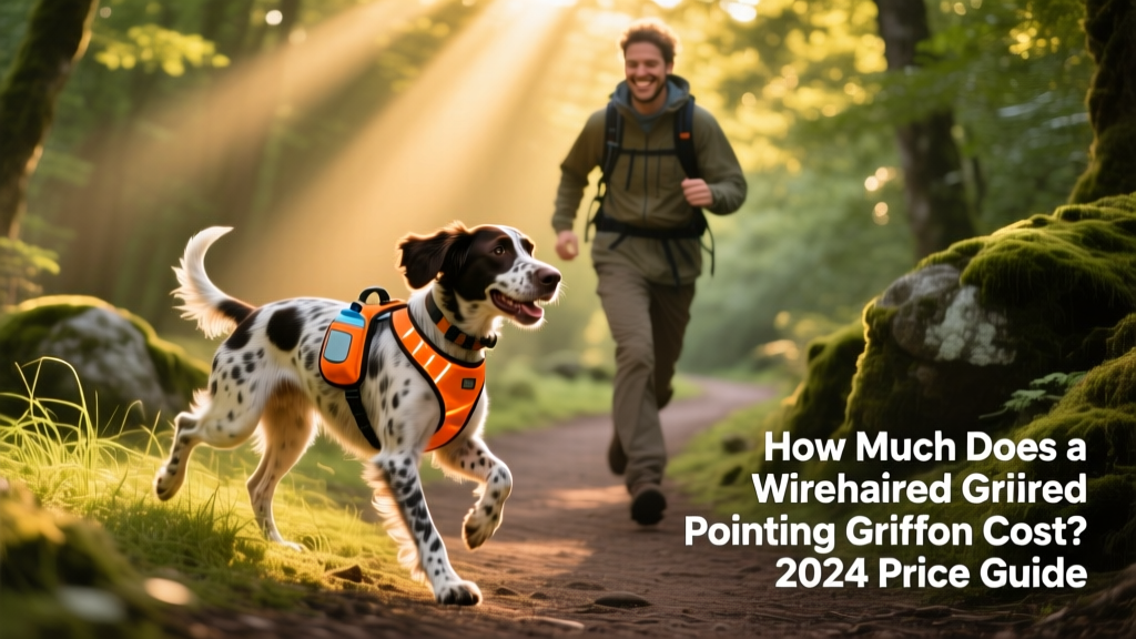 Happy Wirehaired Pointing Griffon trotting alongside a hiker on a sun-dappled trail, wearing a reflective harness and carrying a small water pack