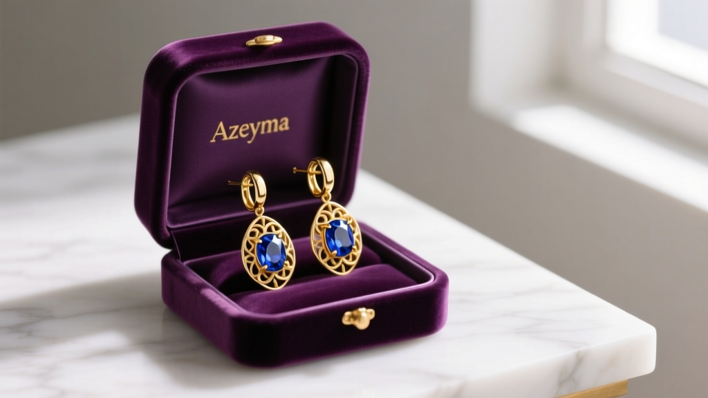 Open velvet box revealing 18k gold Azeyma drop earrings with blue sapphires, soft studio lighting, elegant gift presentation